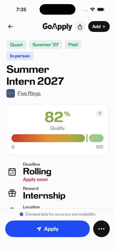 An opportunity detail page with a Quality score and deadline