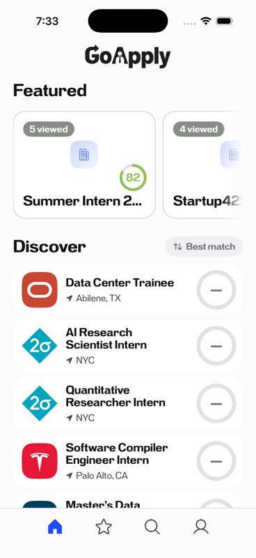 The GoApply feed, showing featured programs and a matched Discover list
